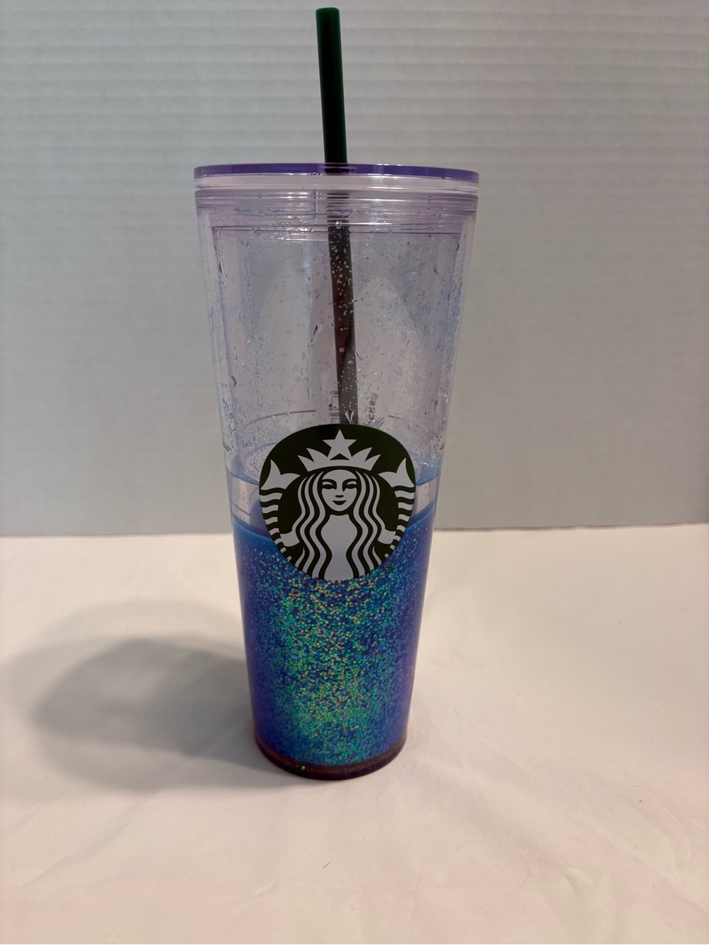 Custom Starbucks Snow Globe Glitter Tumbler Blue & Green W/ Piled & Straw